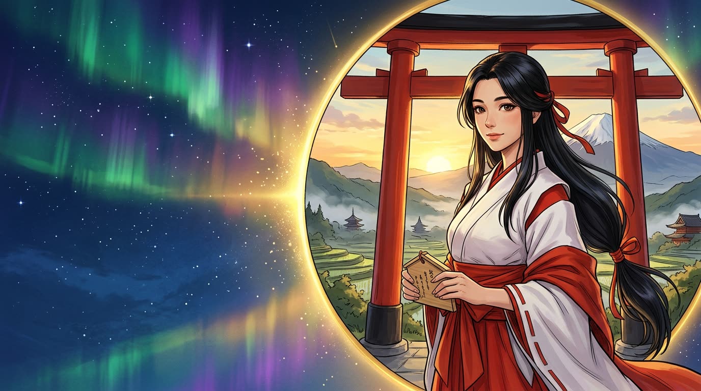 Young Japanese temple priestess at vermillion Torii with Mount Fuji landscape at golden sunset