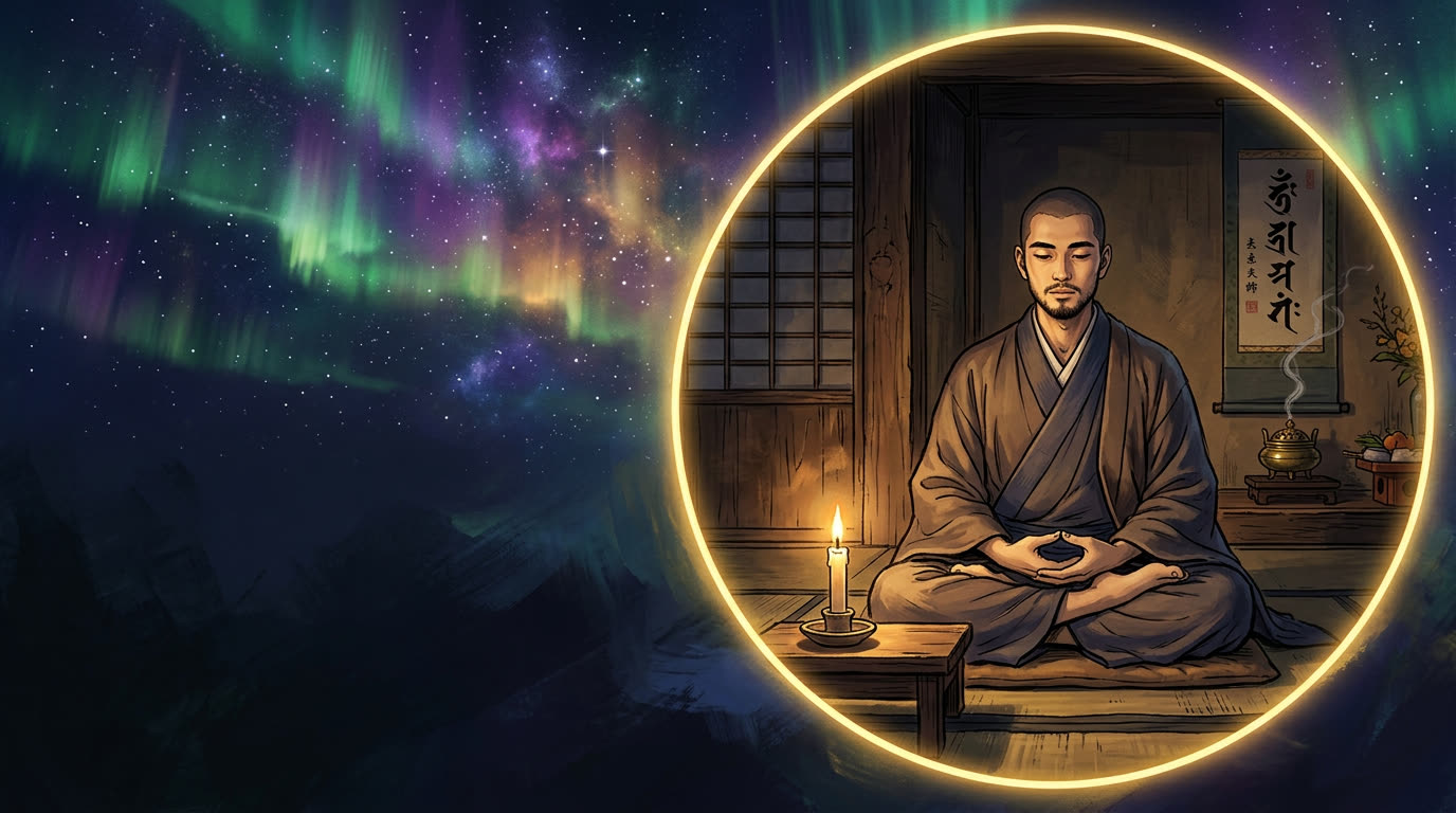 Young monk in deep meditation by candlelight in an old temple hall