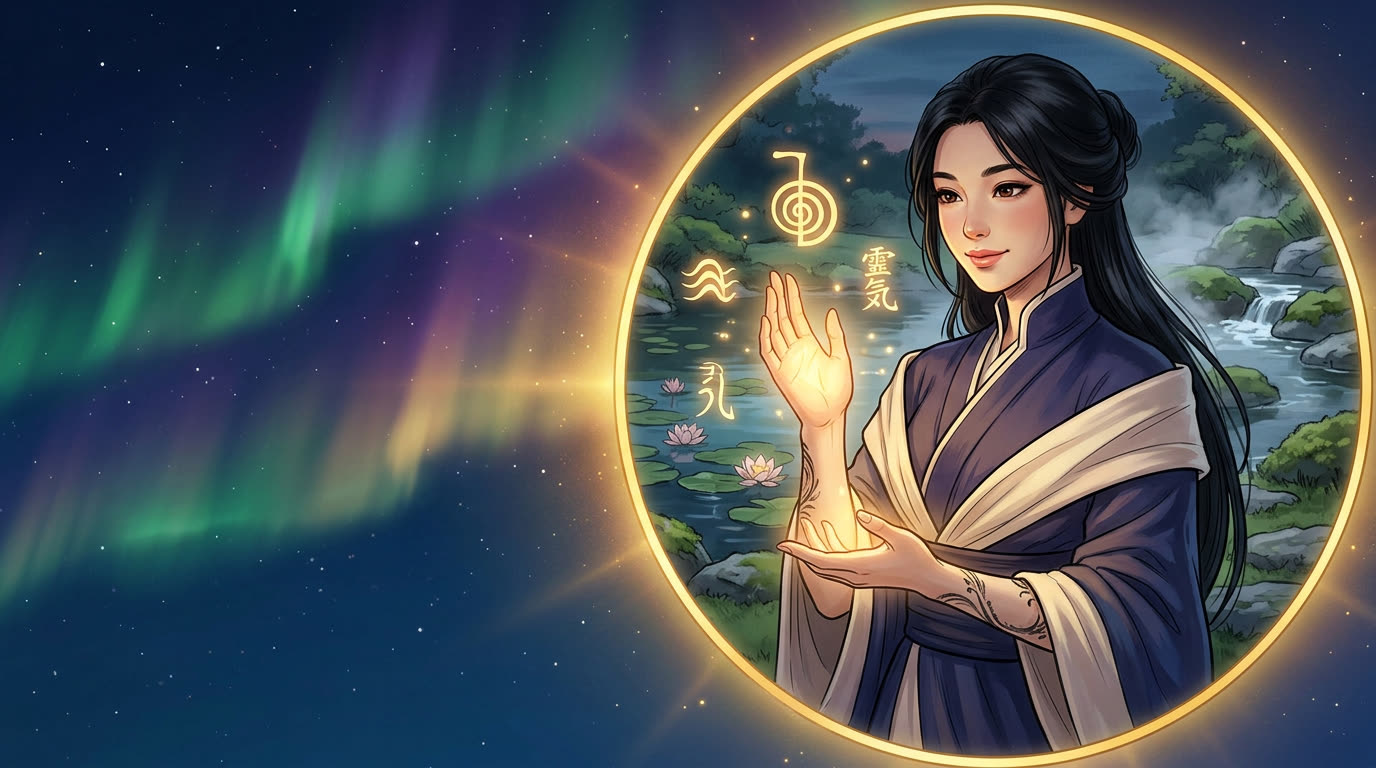 Junge japanische Heilerin mit goldenem Reiki-Licht aus den Händen im Lotus-Garten bei Aurora-Licht