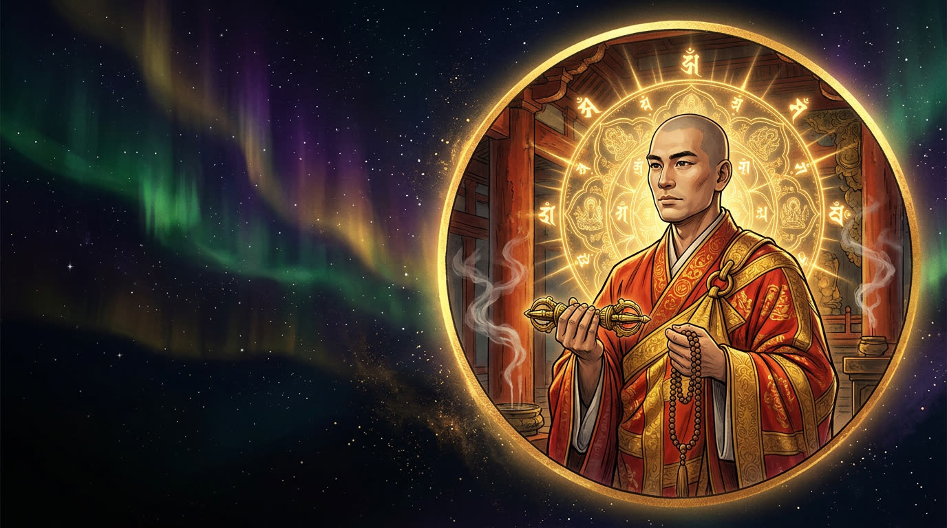 Shingon monk in ceremonial robes with Vajra and Mandala in temple hall under aurora light