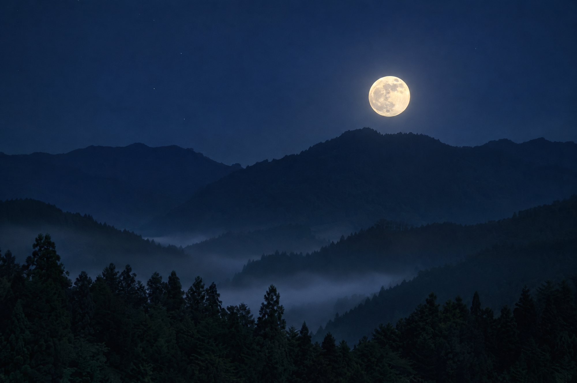 Vollmond über bewaldeten Bergketten in Japan, Nebel im Tal, Zedern im Vordergrund