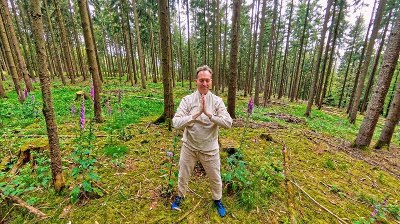 Mark Hosak in Gassho-Mudra im Wald · Qigong-Praxis mit Atemfokus auf das Hara