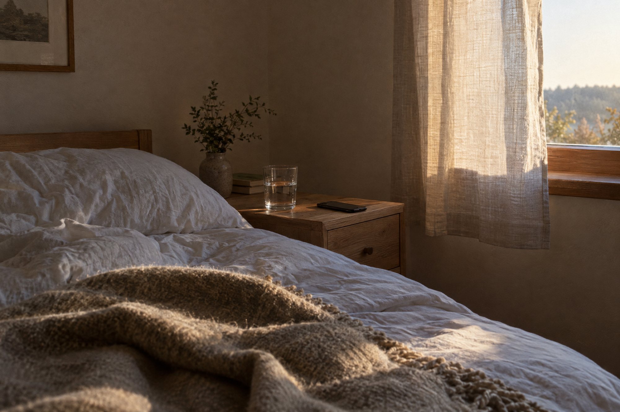 Erstes Morgenlicht fällt durch einen Leinenvorhang auf ein Bett, das Handy liegt unberührt auf dem Nachttisch