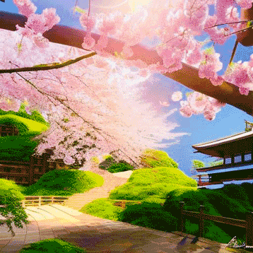 Zen Oasis - Kirschblüten mit Tempel und Weg